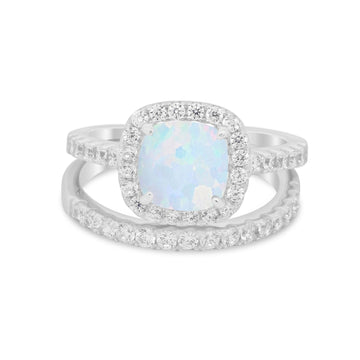 Two Piece Cushion Art Deco Wedding Ring Lab Created White Opal 925 Sterling Silver